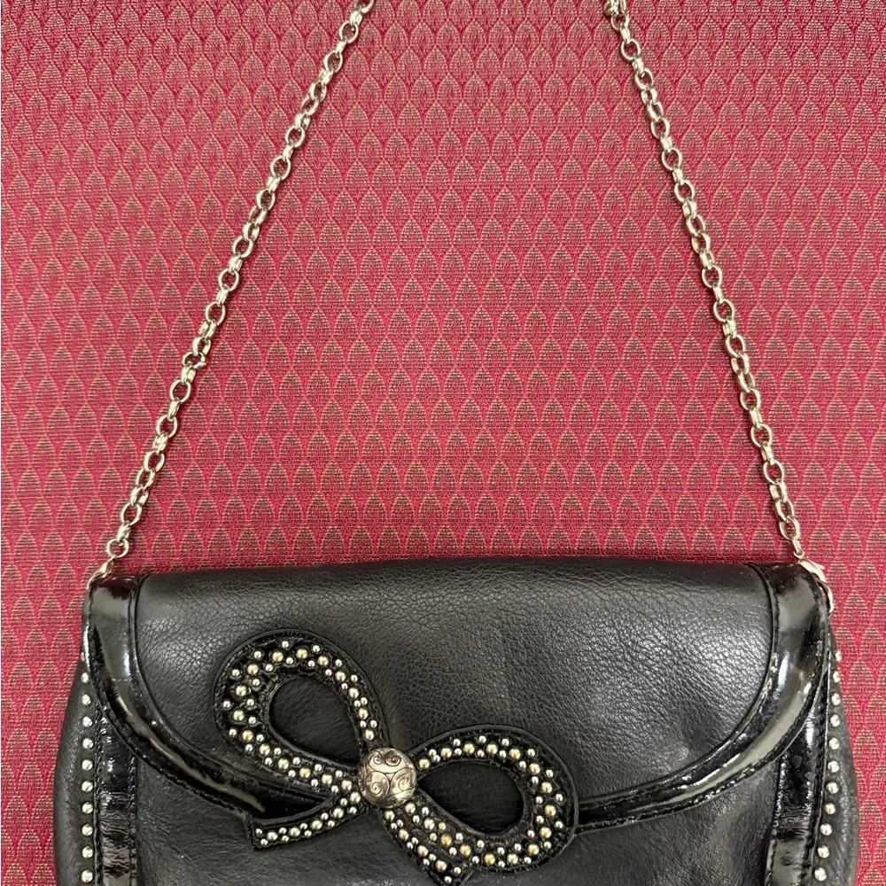 Brighton Black Leather Bow Clutch Chain Strap Studded‎ Leopard Lining Y2K